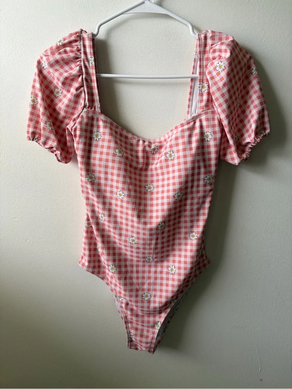 Pink Gingham Daisy Puff-Sleeve One-Piece Swimsuit - Picture 1 of 4